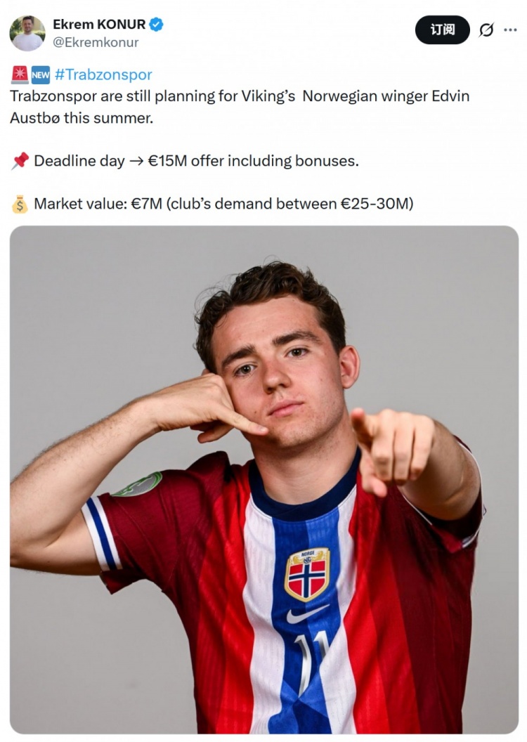 【赛事前线】记者：特拉布➡️宗仍有意挪威边锋奥斯特，维京要价