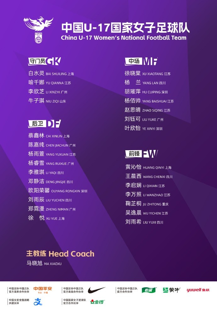 【看点来袭】U17女足最新名单：马晓旭担任主教练，刘钰可、叶