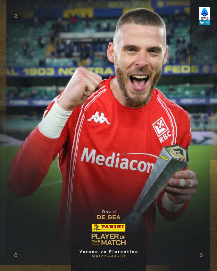 8次扑救全场最多！德赫亚当选佛罗伦萨1-0维罗纳一役全场最佳