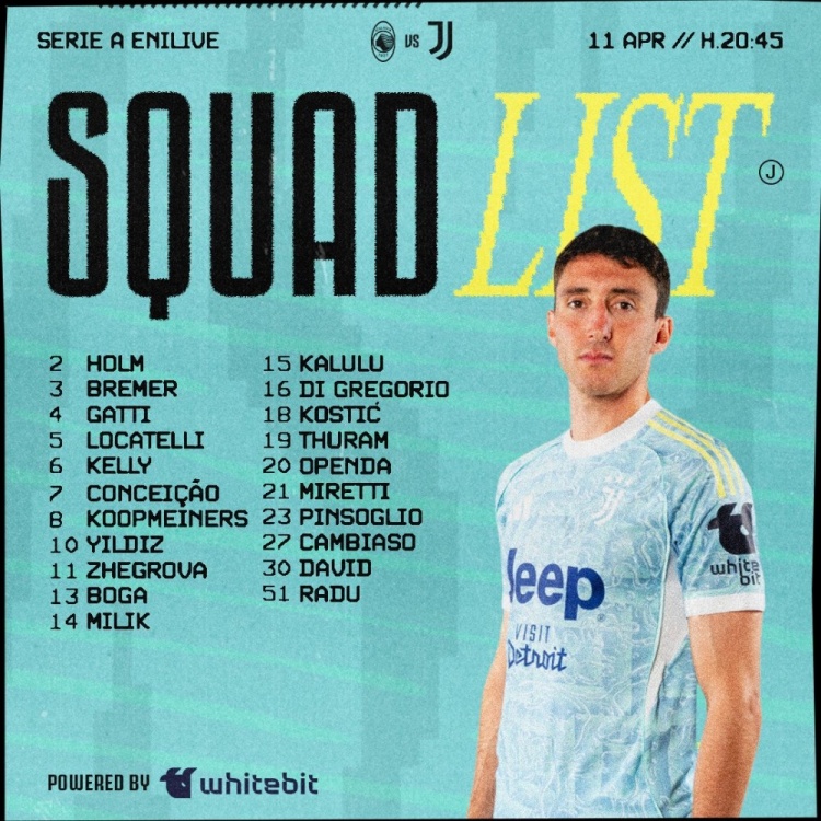 【推荐】尤文对阵亚特兰大名单：伊尔迪兹、戴维在列，佩林、DV