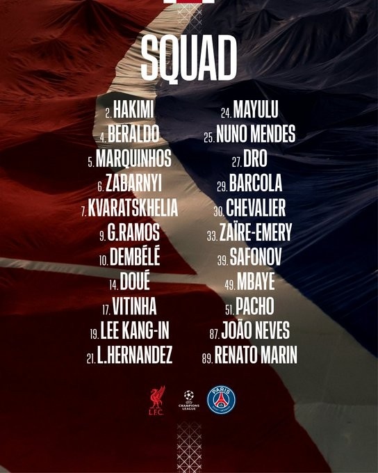 【体育世界】巴黎欧冠客战利物浦大名单：巴尔科拉复出 登贝莱、