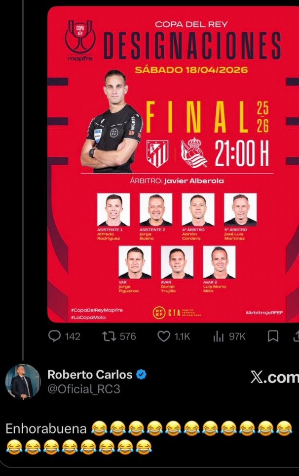 皇马vs赫罗纳主裁将执法国王杯决赛，卡洛斯社媒嘲讽：恭喜