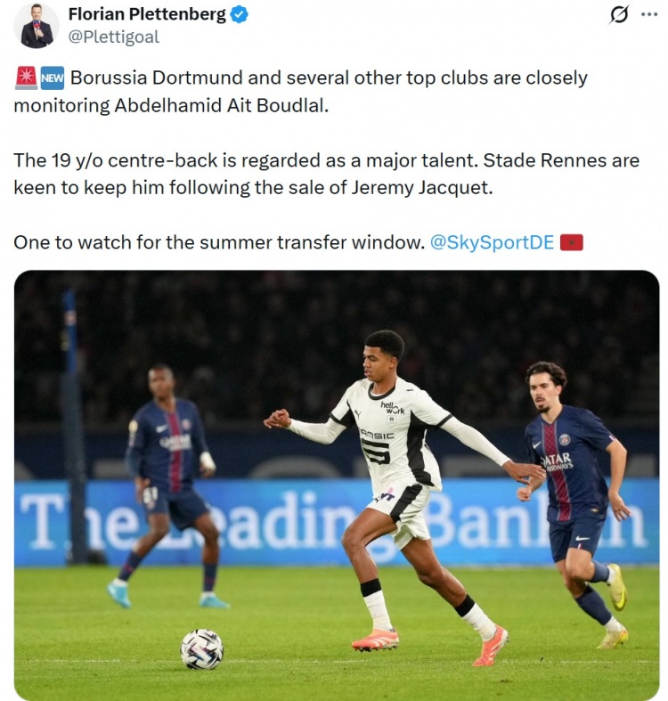 [德甲]德天空：多特关注19岁中卫布德拉尔，不过雷恩无意出售