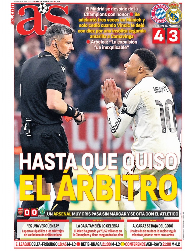 【体育有料】阿斯报封面：皇马带着尊严告别欧冠，裁判决定比赛