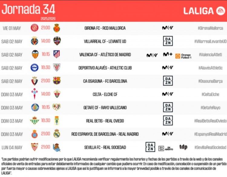 [球迷看点]西甲第34轮：5月3日3点奥萨苏纳vs巴萨，5月