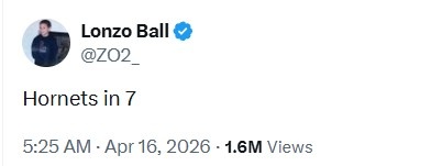 [精选必读]打脸了！朗佐·鲍尔此前发推预测黄蜂7场解决活塞 ⬇️今日黄蜂被淘汰(图2)