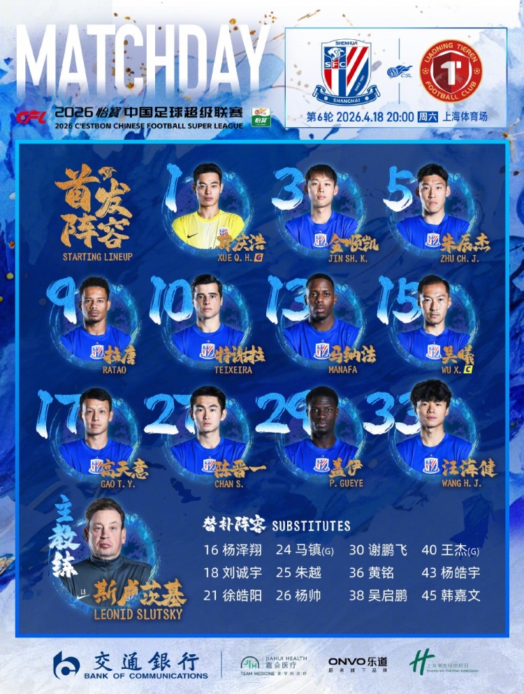 中超联赛第6轮 上海申花vs辽宁铁人 首发名单