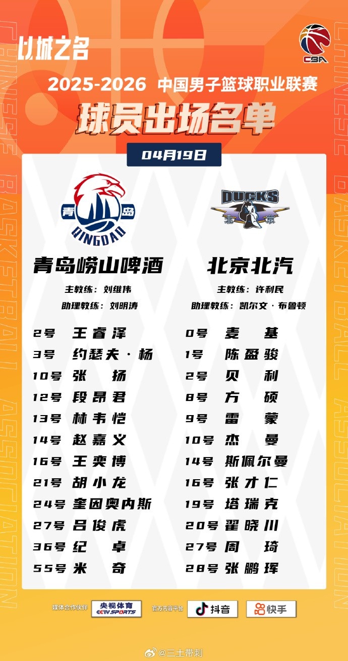 青岛VS北京大名单：基诺内斯将迎首秀 麦基&周琦出战 范子铭轮休