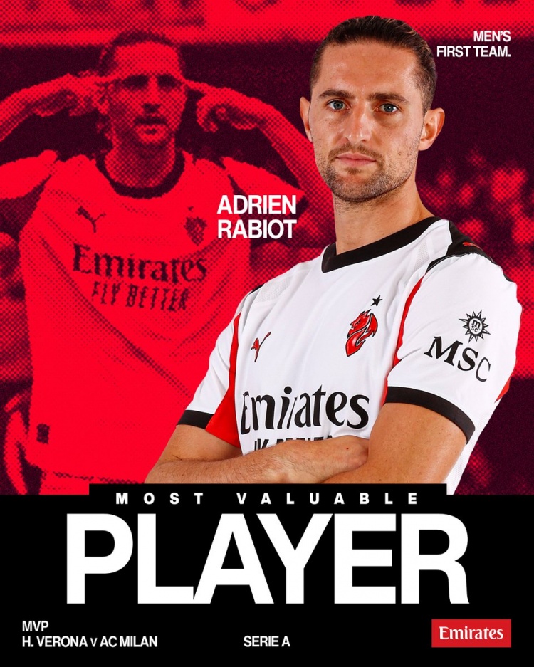 破门制胜！拉比奥特当选对阵维罗纳一役米兰队内最佳球员