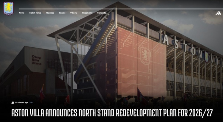 维拉官方：下赛季加快北看台改建，将球场容量增加到50000人以上