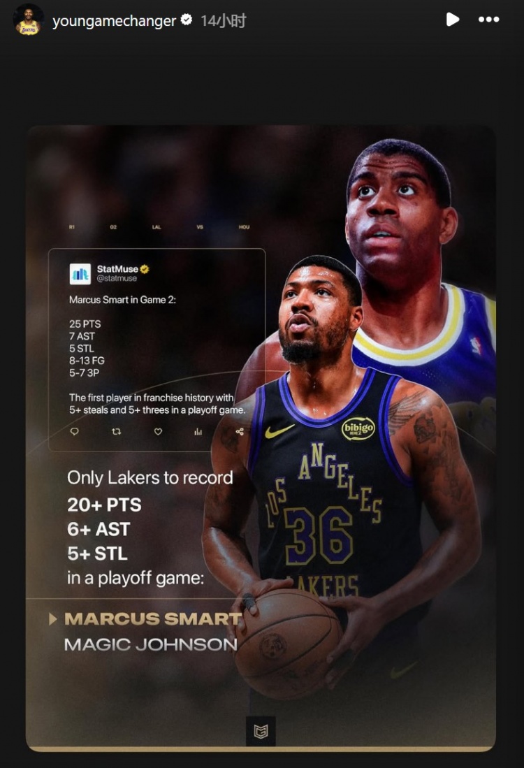 [湖人]季后赛单场至少20分6助5断&湖人队史第二人比肩魔术