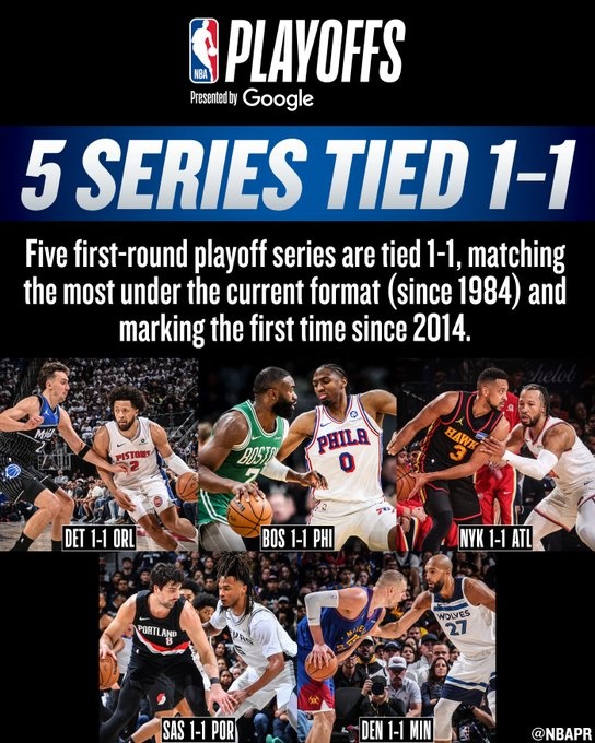 首轮至今已有5组对决战至1-1 创现赛制以来的最高&自2014年后首次