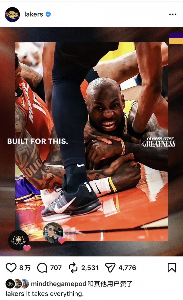 【湖人】奋不顾身！湖人官推晒詹姆斯G3⚾加时赛倒地拼抢照：倾其所有(图1)