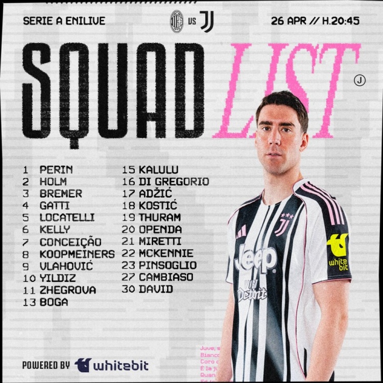 【体育资讯】尤文客战米兰名单：伊尔迪兹在列，弗拉霍维奇、佩林