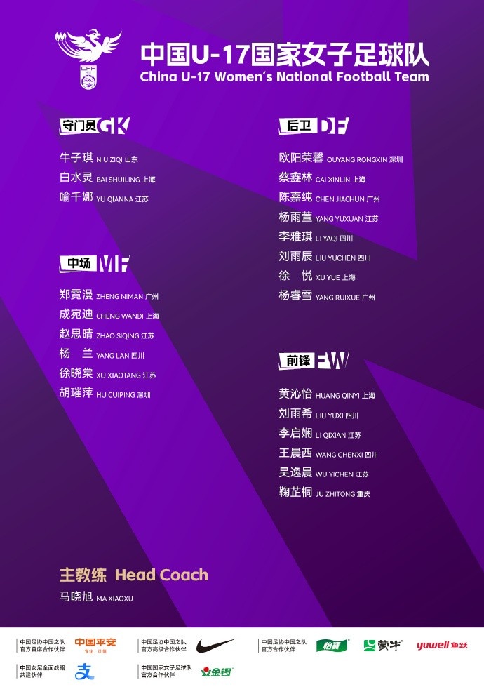 赛事前四参加世少赛！U17女足亚洲杯名单：马晓旭挂帅 黄沁怡在列