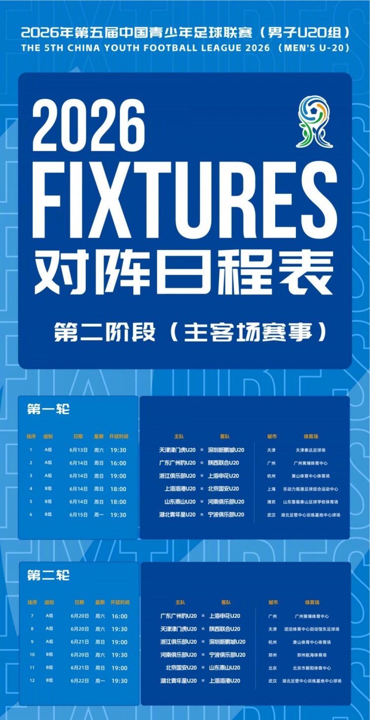 [球场快报]北京国安U20第二阶段主客场赛事赛程安排来⚽啦！