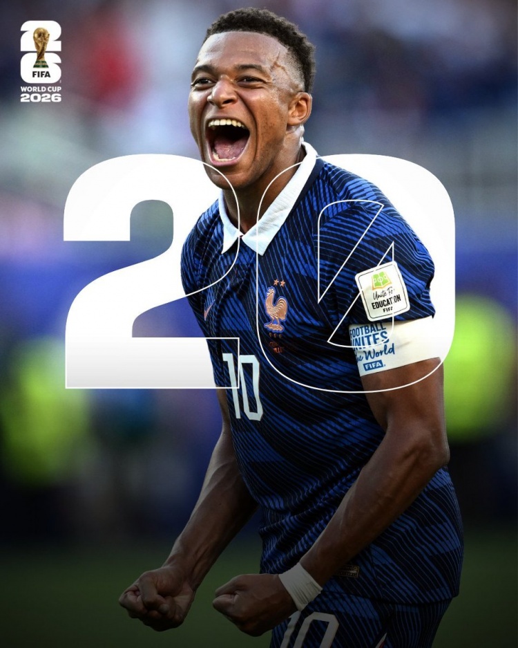 FIFA晒姆巴佩数据海报：最年轻出战20场世界杯球员，最快打进20球