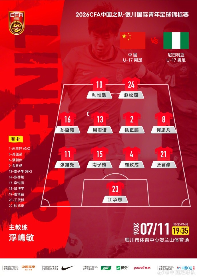 银川国际青年足球锦标赛，U17国足vs尼日利亚U17，中国队首发阵容