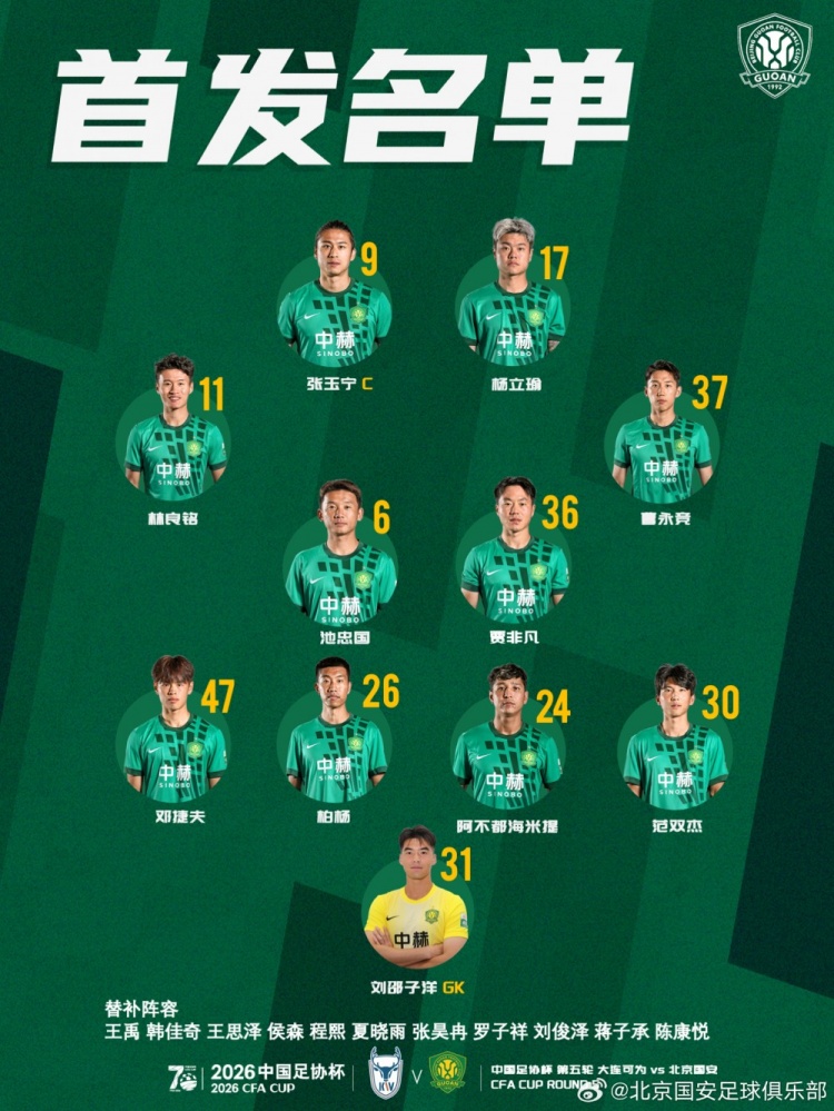 北京国安今日首发💪全力以赴每场比赛，拼！
