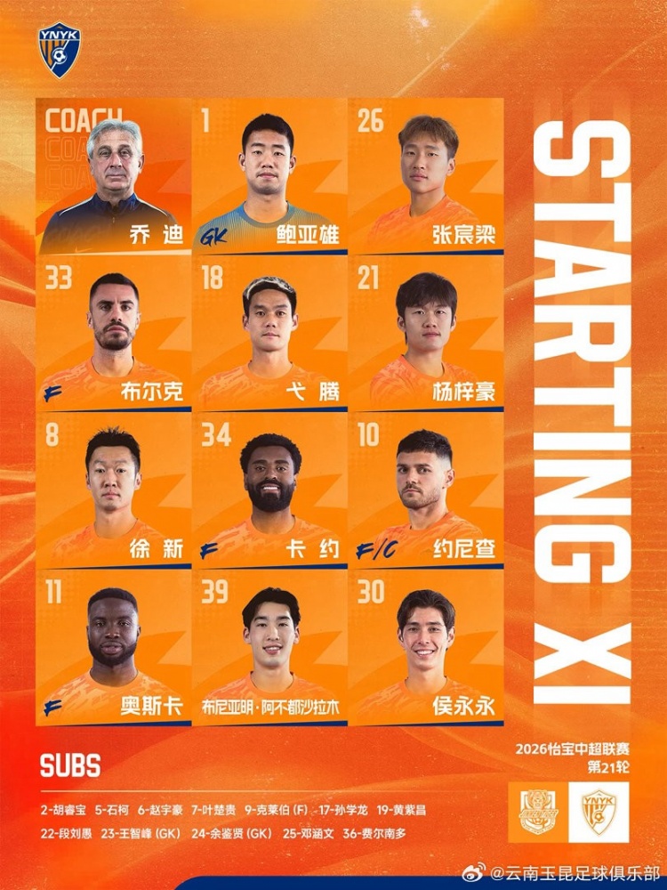 云南玉昆今日首发阵容
