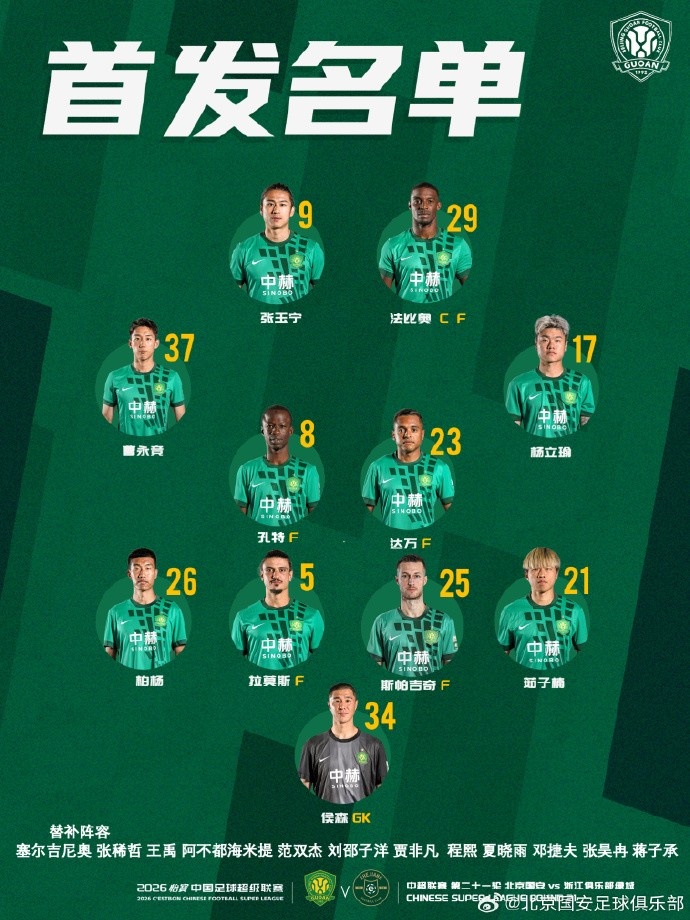 💚 北京国安今日首发 💪 8月首个主场 🔰 战斗！