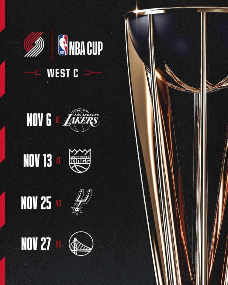 开拓者NBA杯赛程：11月7&14日客战湖人&国王 26&28日主场打刺&勇