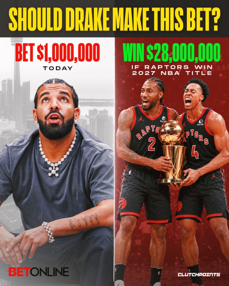 💸Drake下注100万押猛龙新赛季夺冠 若中可获得28倍收益！