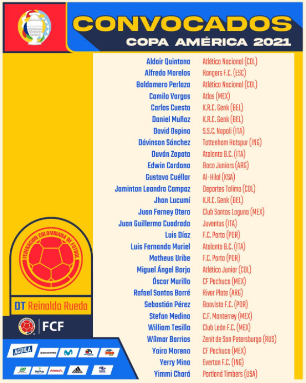 哥伦比亚美洲杯28人名单：J罗因伤落选，奥斯皮纳、夸德拉多在列