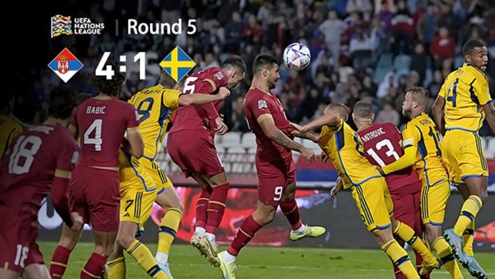 欧国联-米特洛维奇戴帽，塞尔维亚主场4-1逆转瑞典