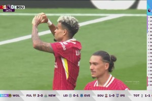 英超-利物浦3-0完胜伯恩茅斯暂登顶 迪亚斯2分钟2球努涅斯世界波