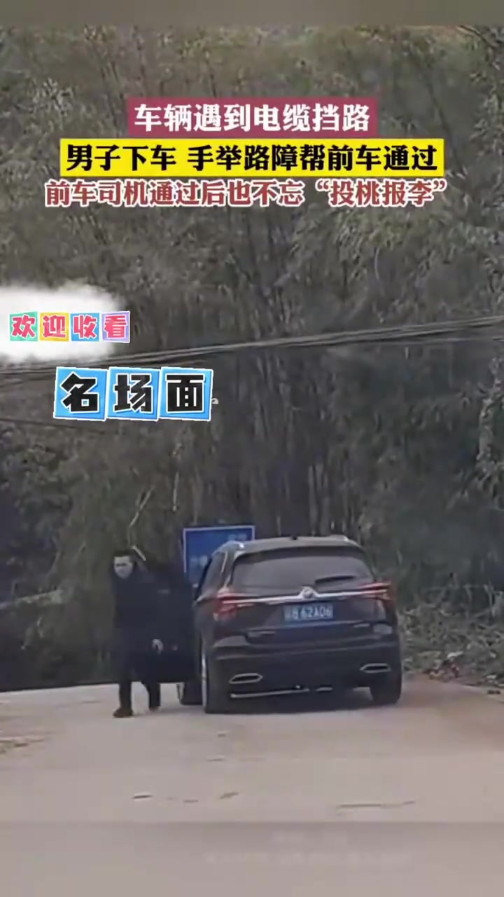 车辆遇到电缆拦路，男子下车手举路障帮前车通过