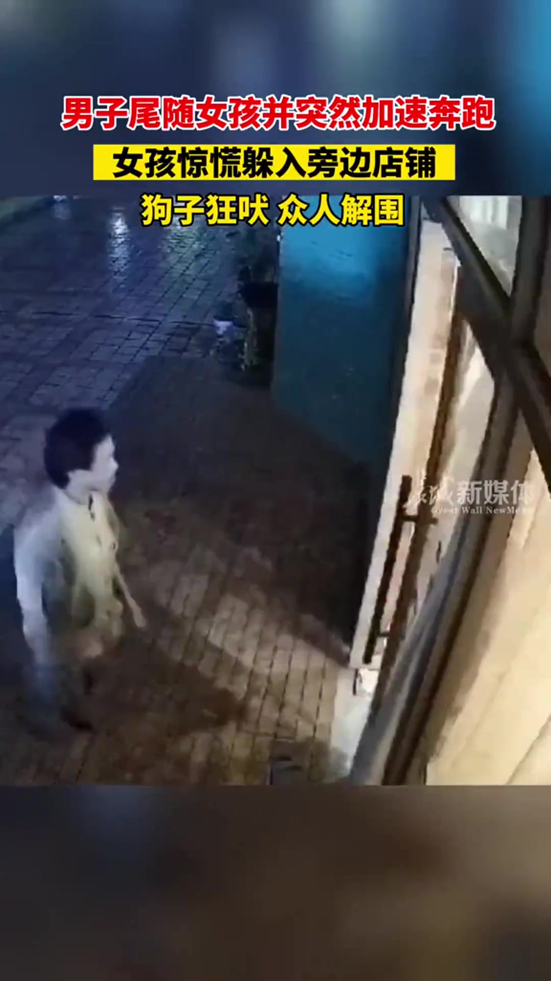 男子尾随女孩并突然加速奔跑，女孩躲进店铺，汪汪队立大功了