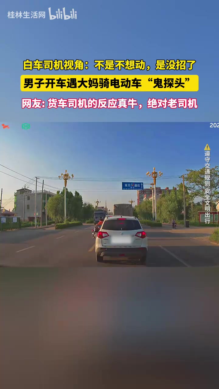 男子开车遇大妈骑电动车“鬼探头”