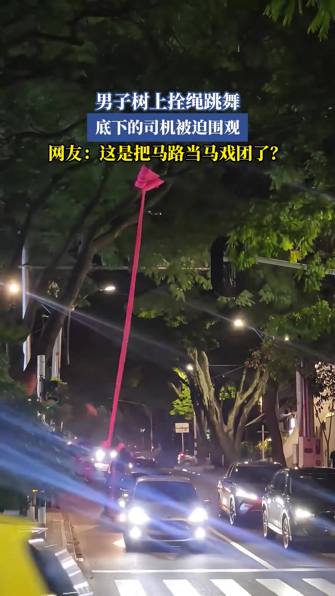 男子树上拴绳跳舞，底下的司机被迫围观