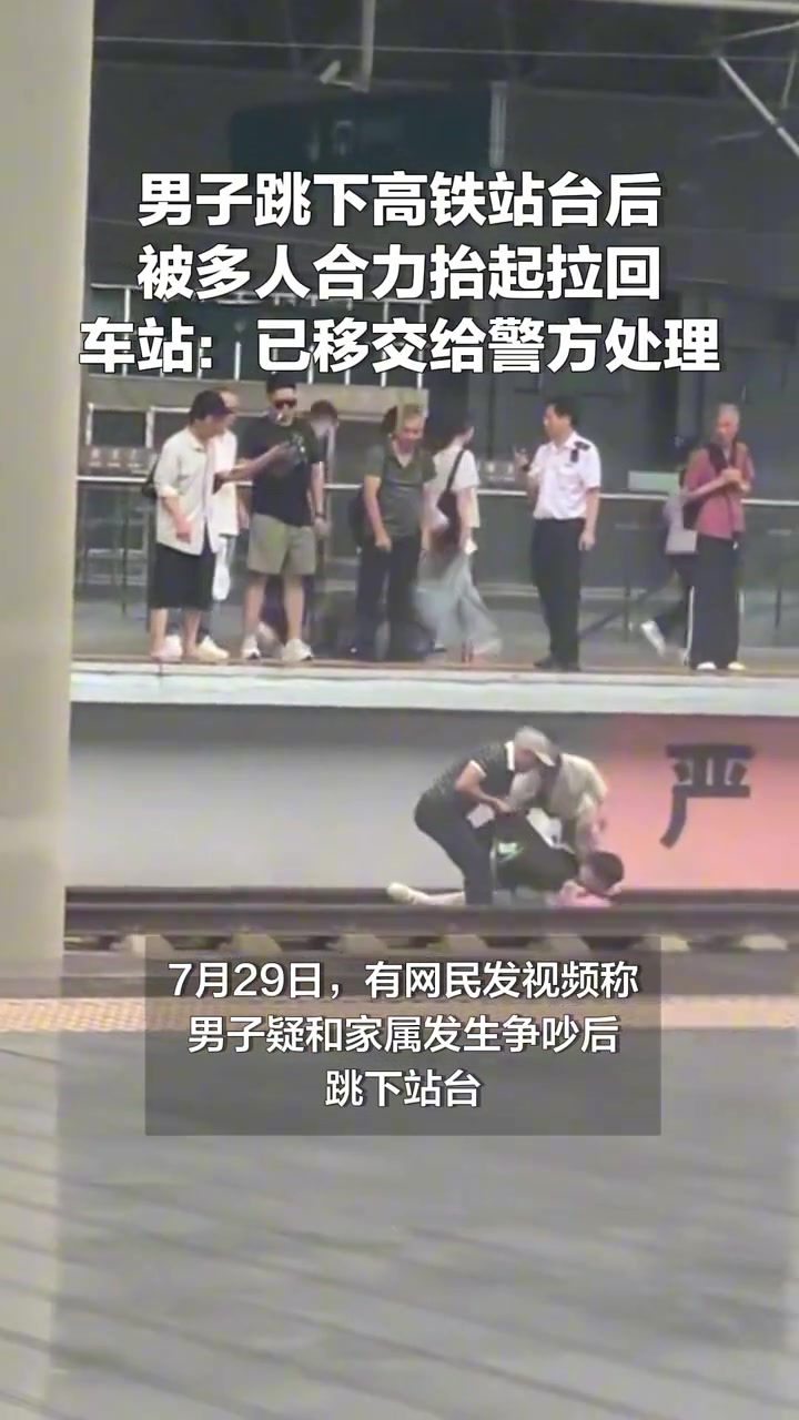男子跳下高铁站台后被多人合力抬起拉回