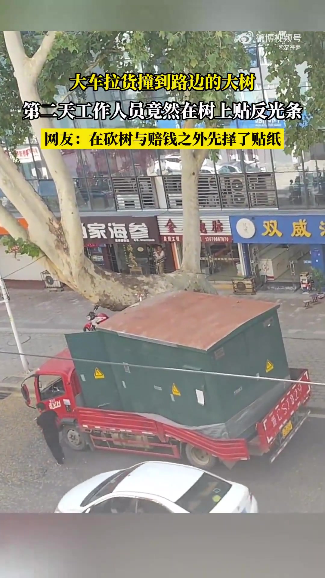 大车撞树！工作人员贴反光条
