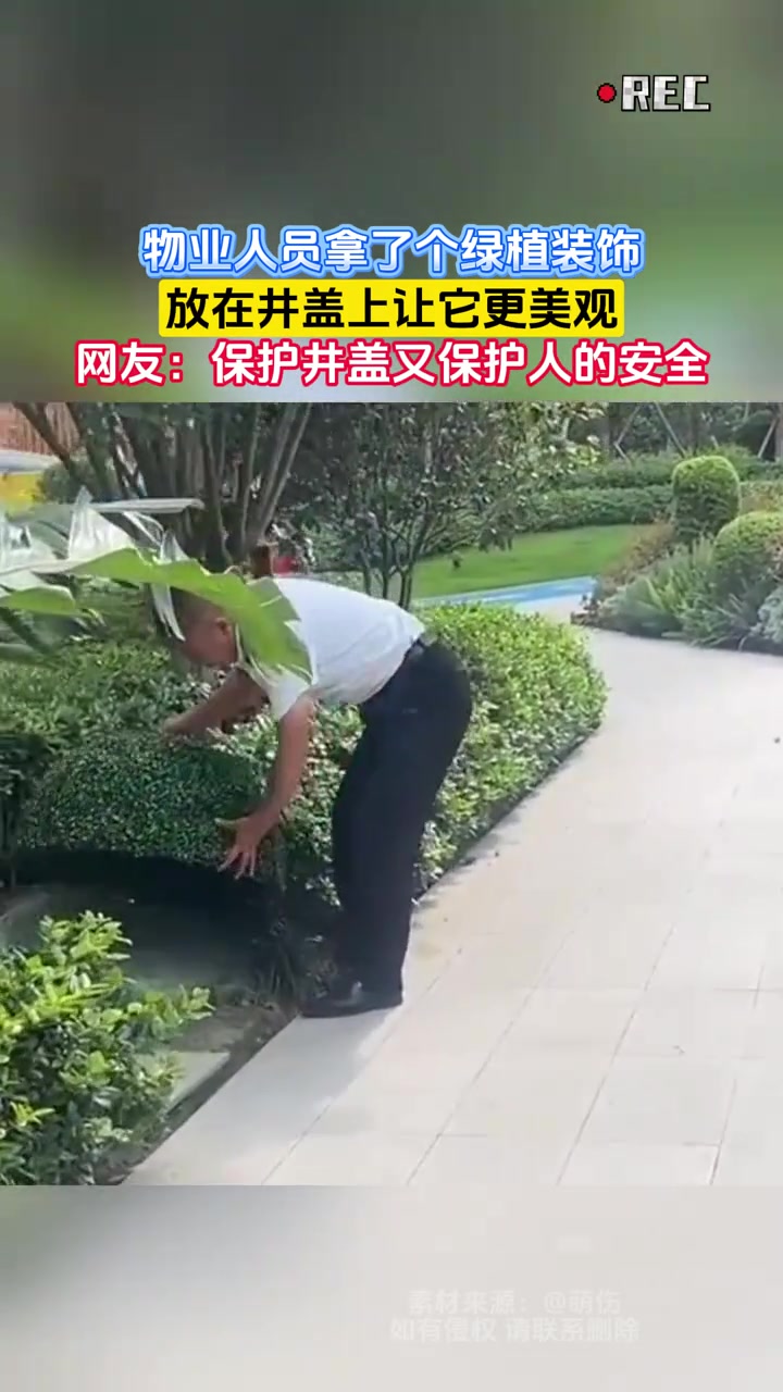 物业人员拿了个绿植装饰，放在井盖上让它更美观