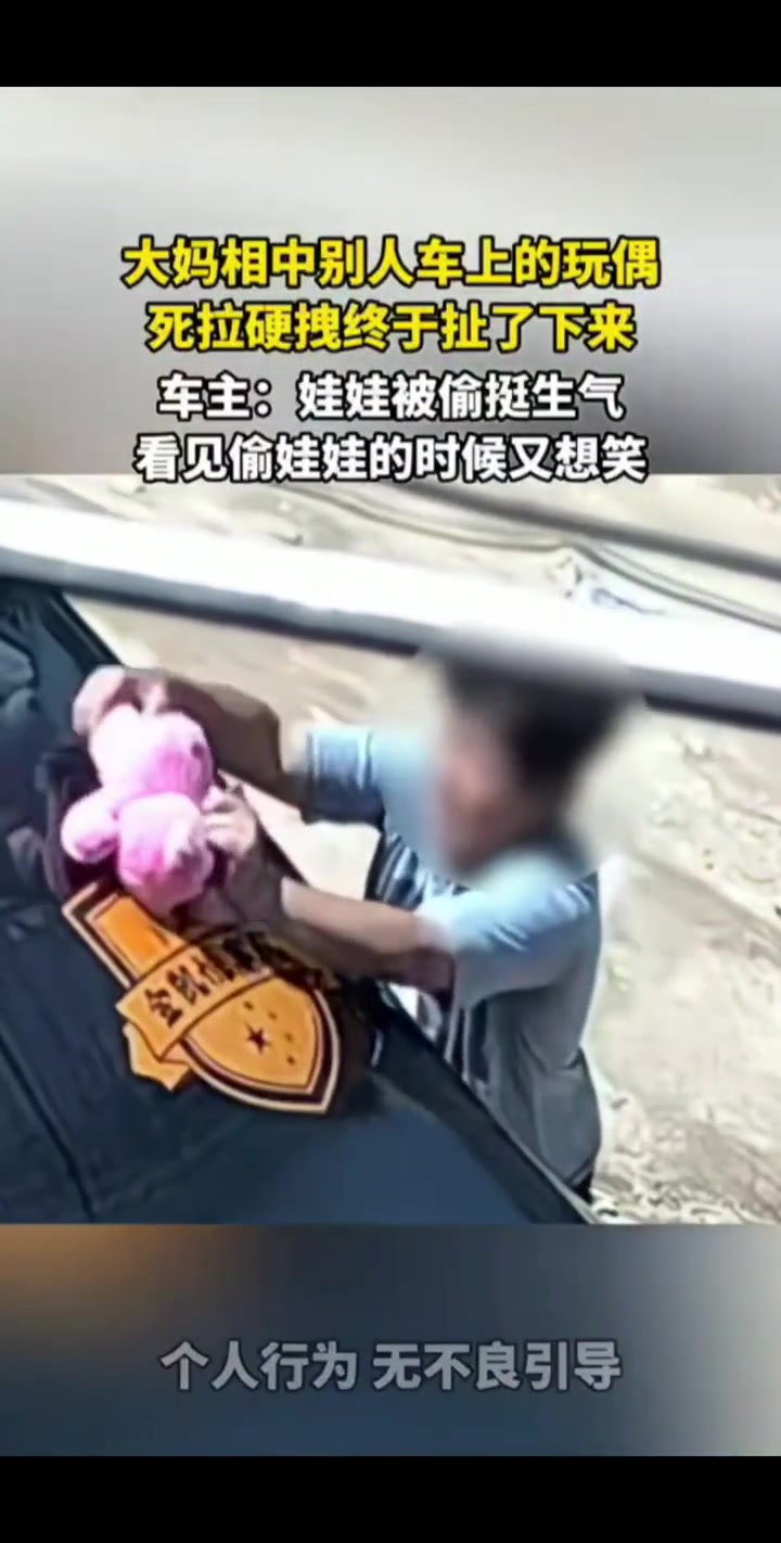 大妈看上别人车上的玩偶，死拉硬拽终于扯了下来