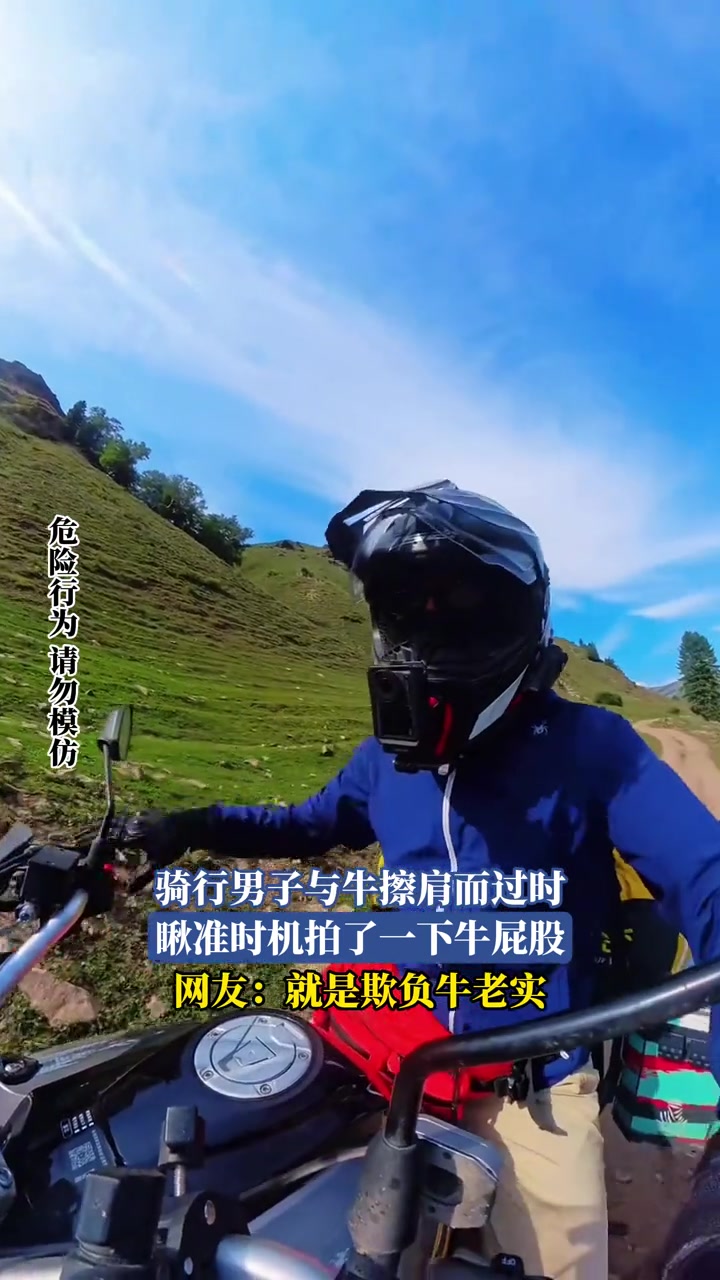 騎行男子與牛擦肩而過時(shí)，瞅準(zhǔn)時(shí)機(jī)拍了一下牛屁股
