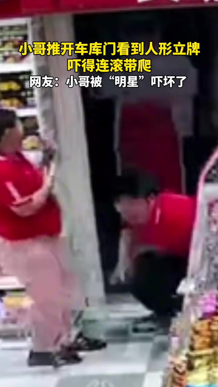 小哥推开车库门看到人形立牌吓得连滚带爬