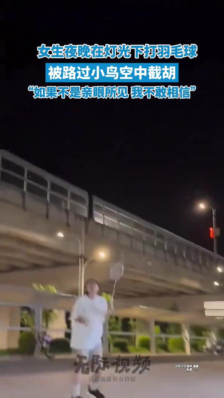 女生夜晚在灯光下打羽毛球，被路过小鸟空中截胡相信”