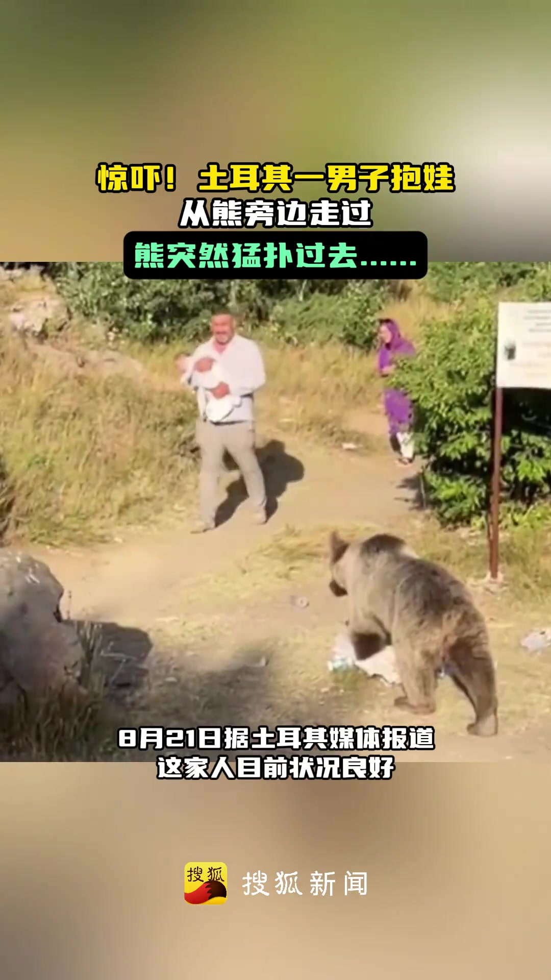 土耳其一男子抱娃从熊旁边走过时熊突然猛扑过去