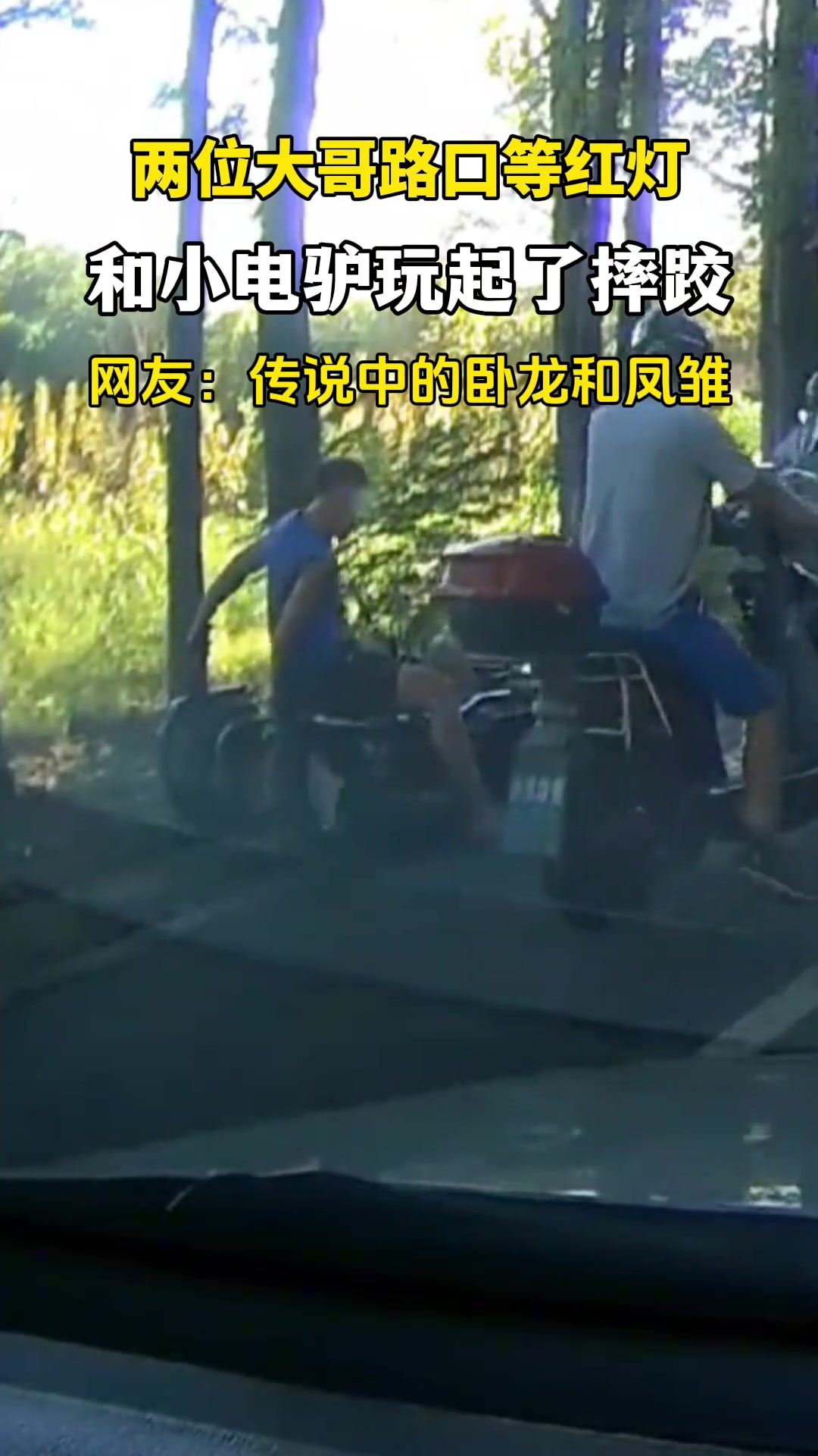 两位大哥在路口等红灯和小电驴玩起了摔跤
