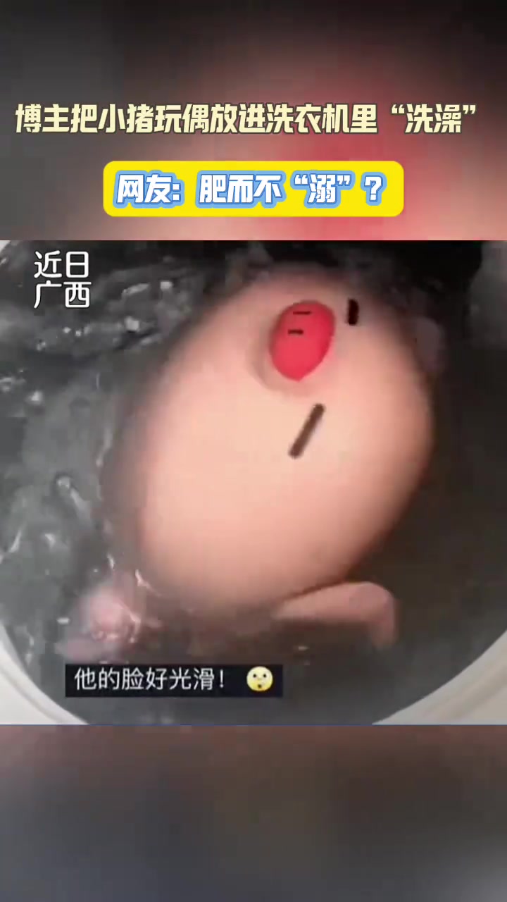 博主把小猪玩偶放进洗衣机里“洗澡”