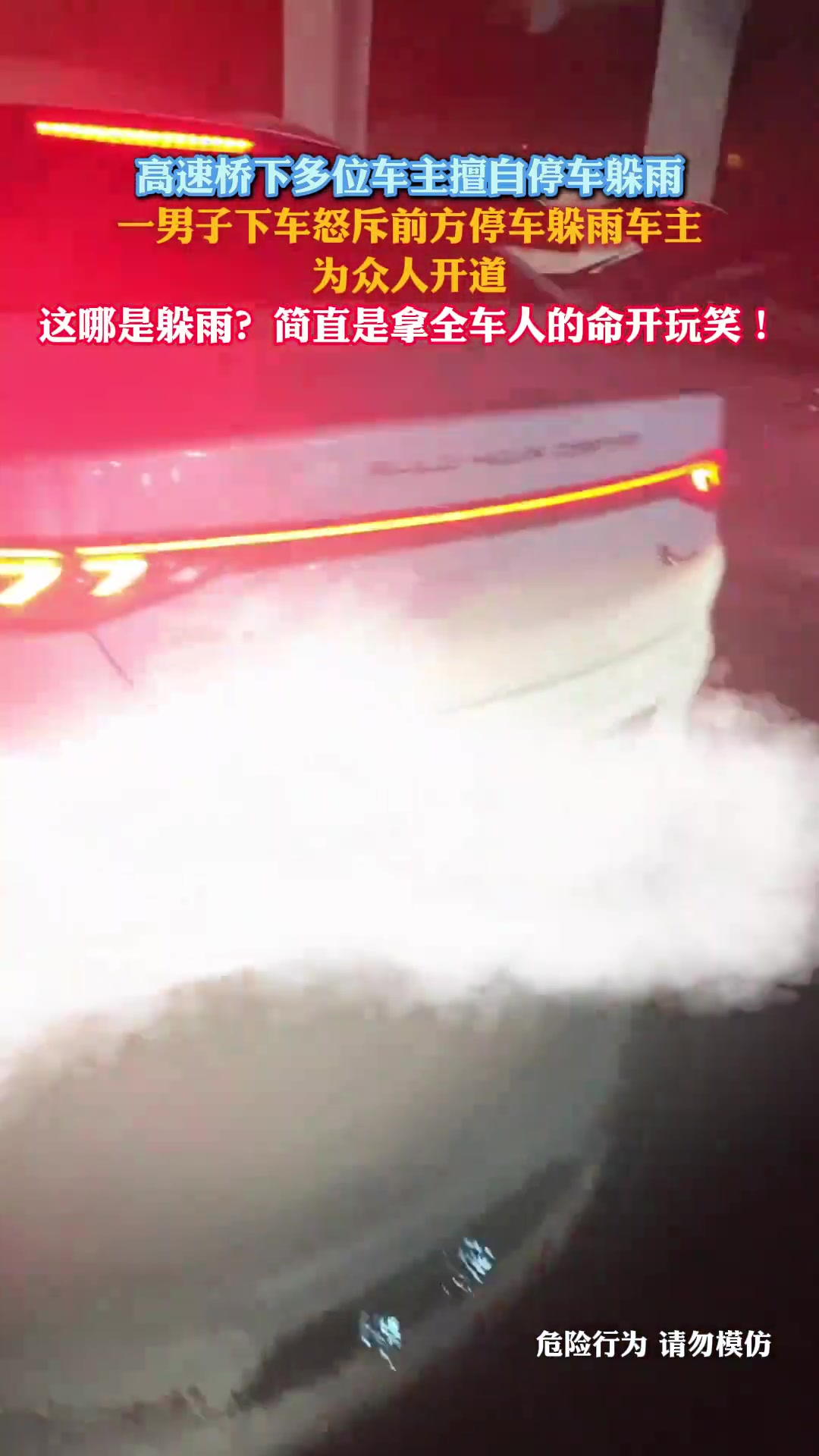 高速橋下多位車主擅自停車躲雨,男子下車怒斥前方停車躲雨車主
