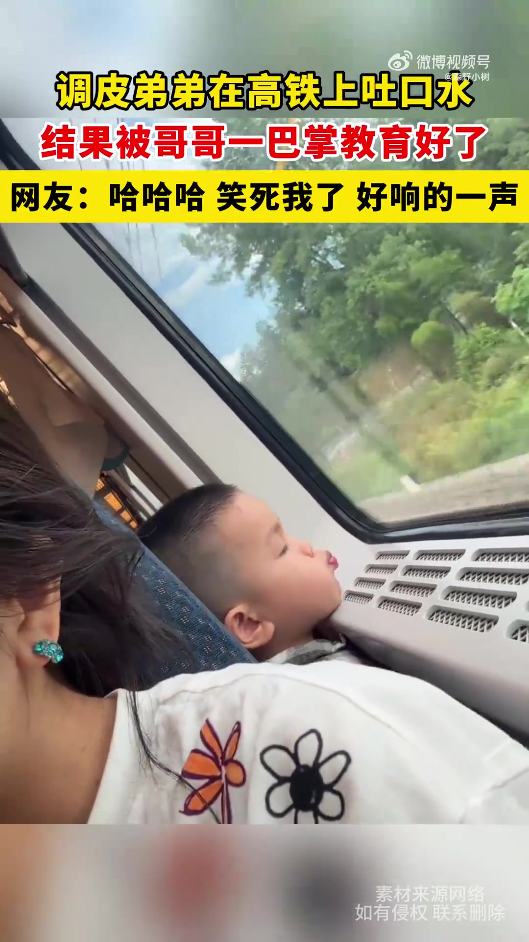 调皮弟弟在高铁上吐口水，结果被哥哥一巴掌教育好了