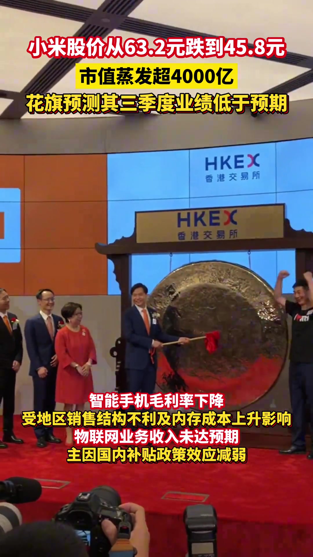 小米股价从63.2元跌倒45.8元市值蒸发超4000亿-直播吧