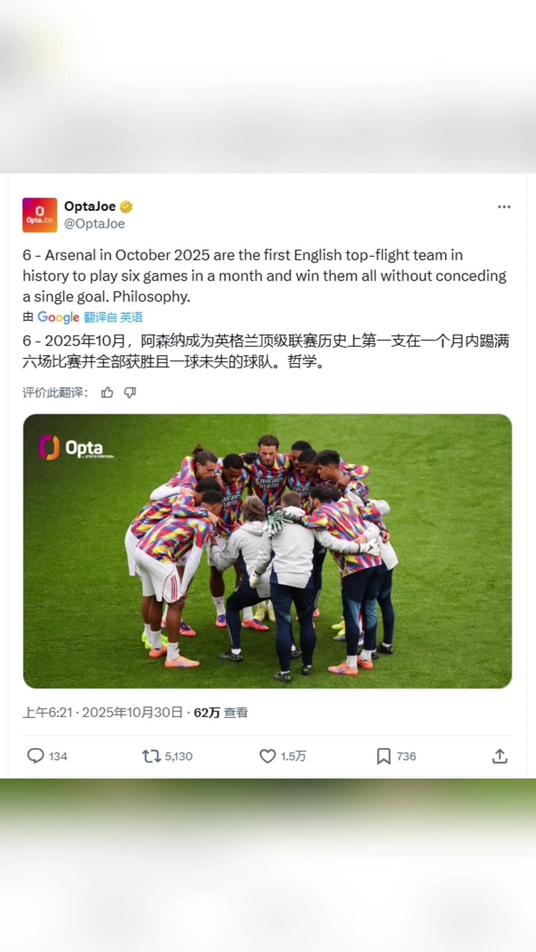 Opta：阿森纳成为史上首支在一个月六连胜且一球未失的英格兰球队