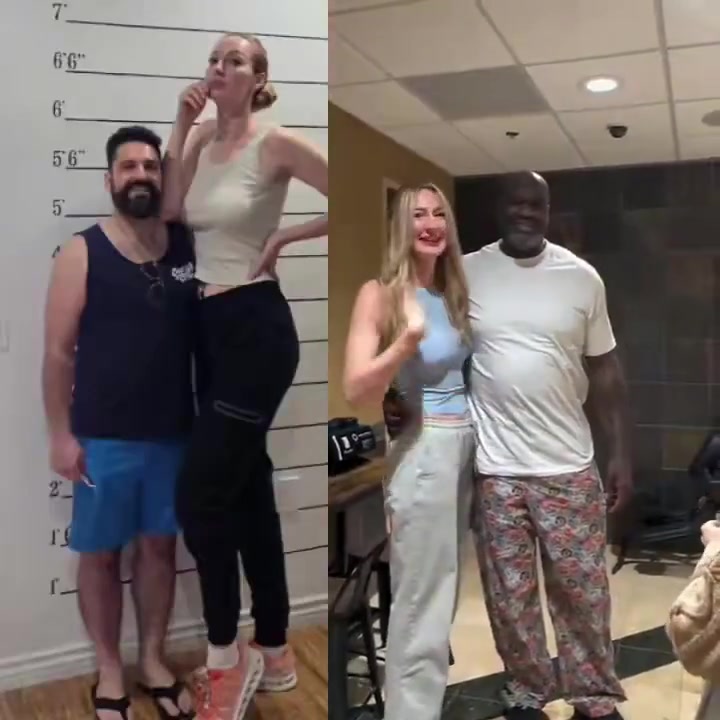 奥尼尔与模特合影 ！终于看到正常的身高搭配了