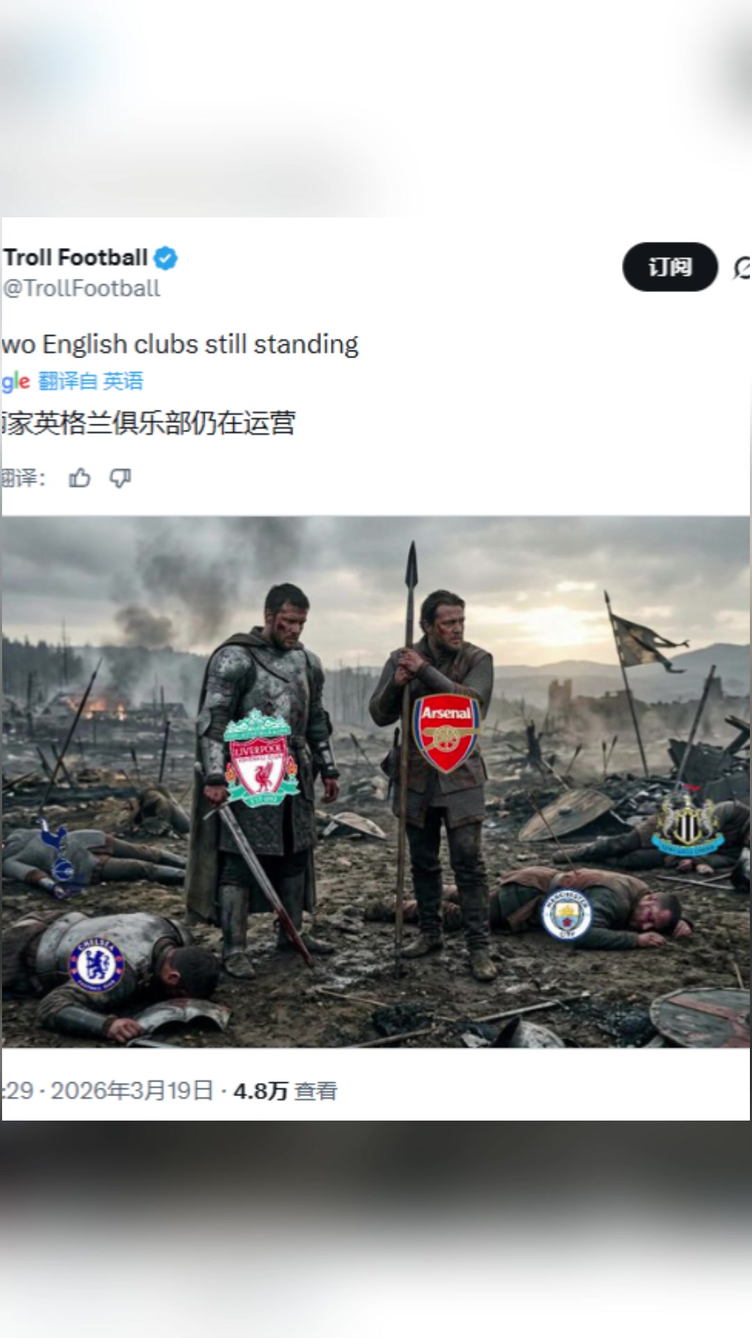 国外博主：仅剩两家英格兰俱乐部仍在欧冠战斗